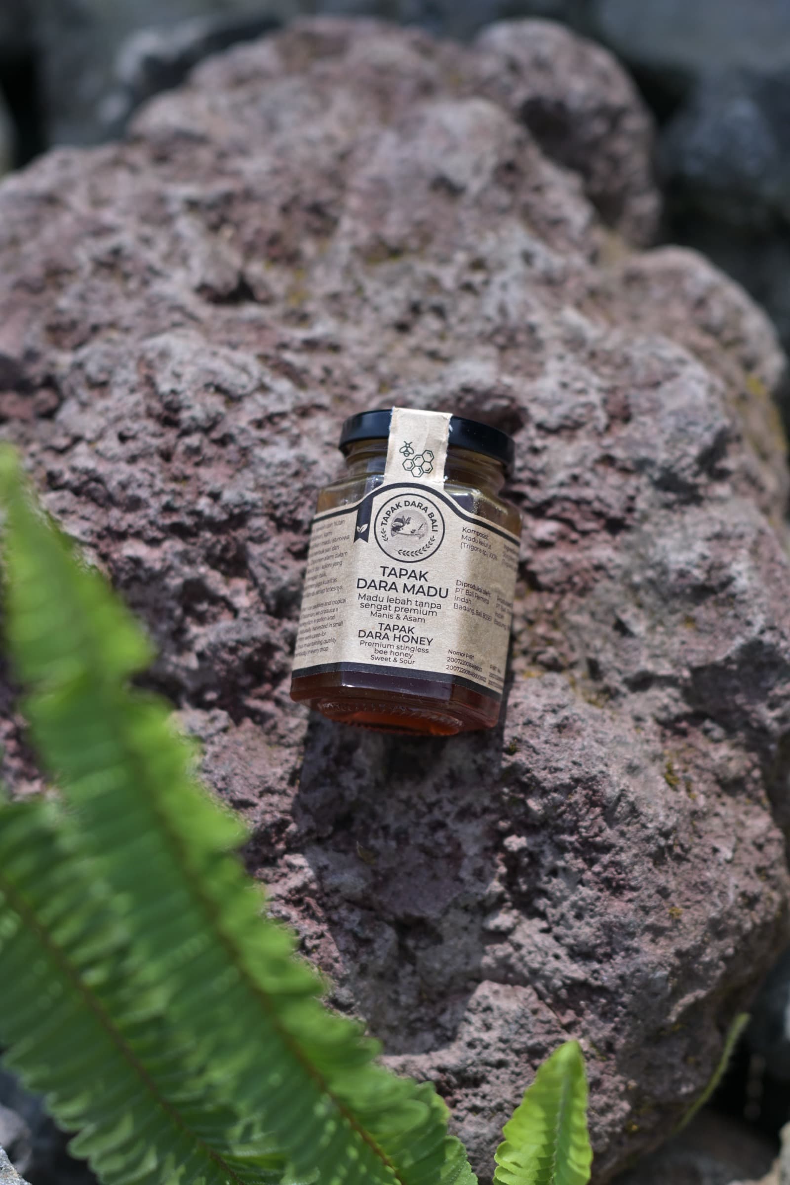 Tapak Dara honey from the VivaVi Boutique resting on volcanic stone