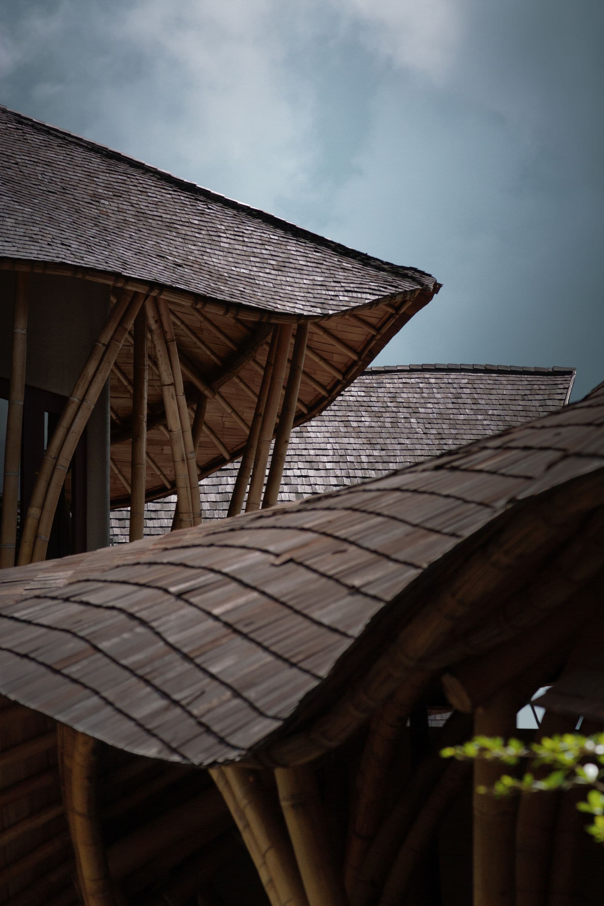 Handcrafted bamboo shingle roof of the pavilion