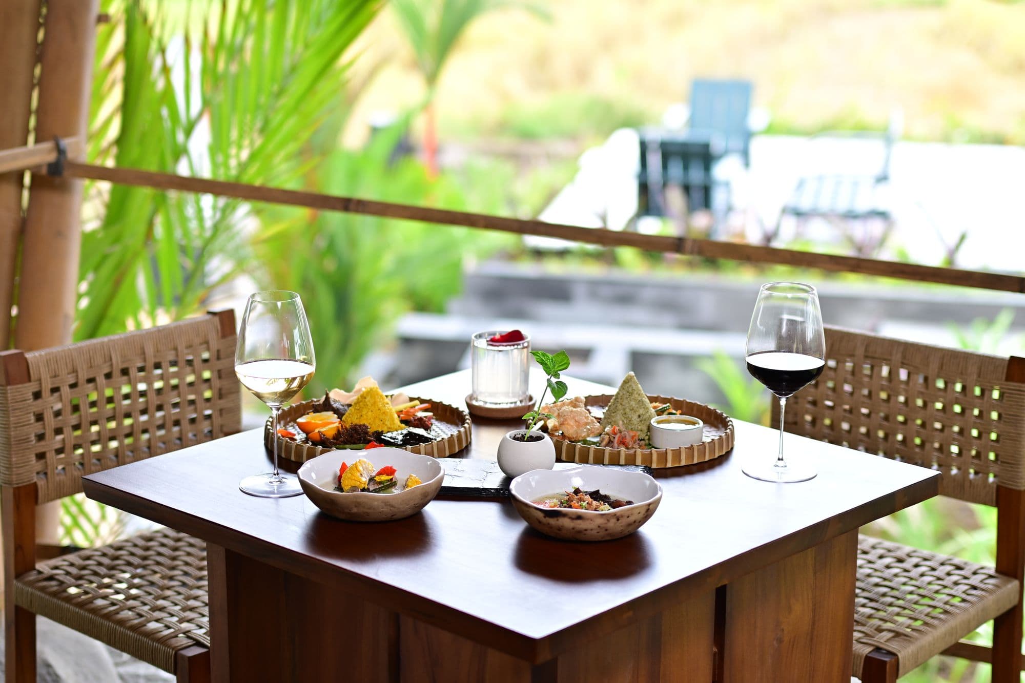 Lunch spread with wine overlooking the glamping tents