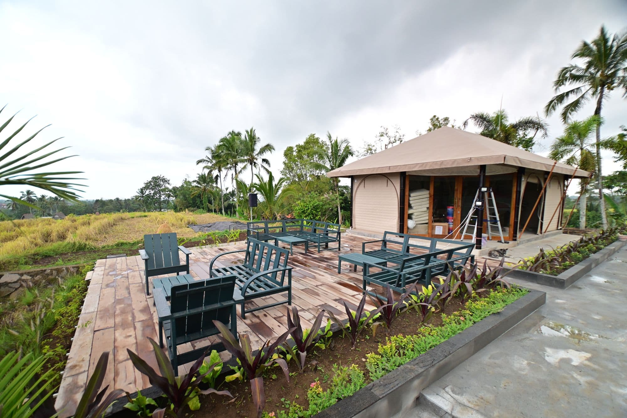 Guest deck and cabin overlooking the rice fields